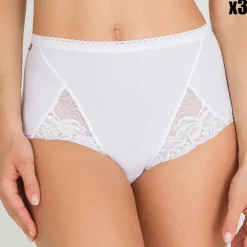 Playtex Lingerie, Nuit|3 Culottes taille haute Coton & Dentelle blanches