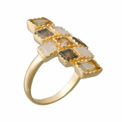 Moonstone Bagues|Bague Maya Labradorite grise & Pierre de lune en laiton doré