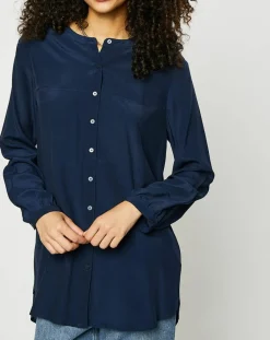 Esprit Tops Et Blouses|Blouse col mao boutons bleu marine