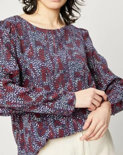 Esprit Tops Et Blouses|Blouse fluide à manches bouffantes motifs prune/bleu