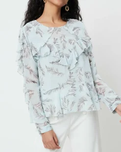 Derhy Tops Et Blouses|Blouse Glamour fluide imprimée fluide bleu ciel