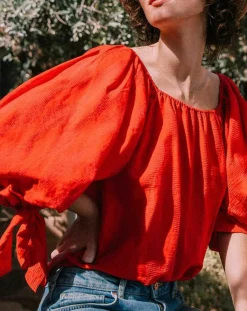 Derhy Tops Et Blouses|Blouse Ralenti texturée manches bouffantes rouge
