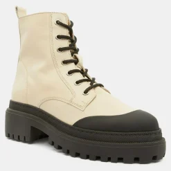 Galeries Lafayette Bottines|Boots en Cuir à lacets contrastées beiges - Talon 4,5 cm