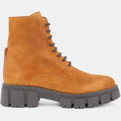 Galeries Lafayette Bottines|Boots en Cuir à lacets semelle épaisse camel - Talon 4,5 cm
