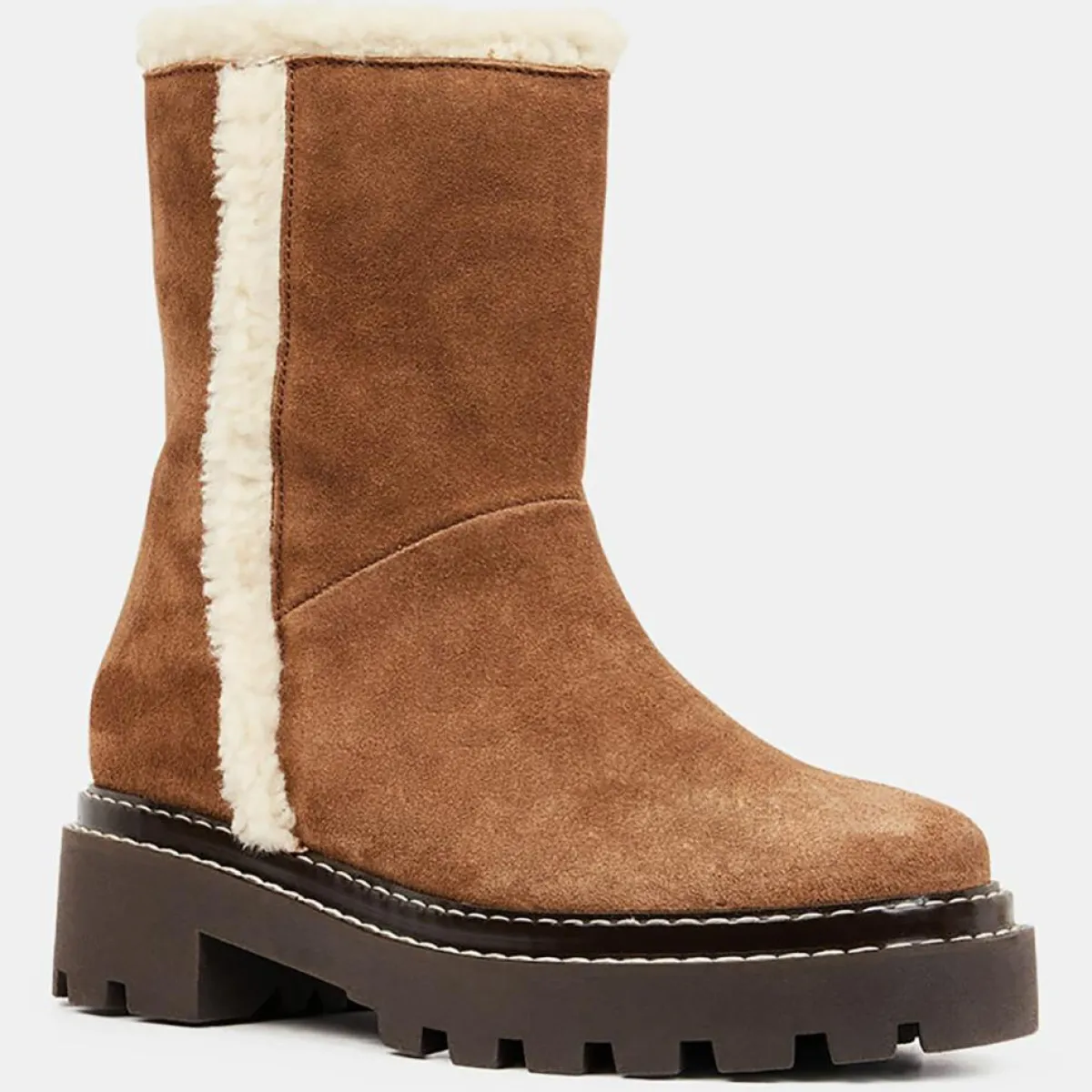 Galeries Lafayette Bottines|Boots en Velours de Cuir fourrée camel - Talon 5 cm