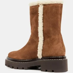 Galeries Lafayette Bottines|Boots en Velours de Cuir fourrée camel - Talon 5 cm