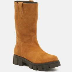 Galeries Lafayette Bottines|Bottes en Cuir semelle épaisse camel - Talon 4 cm