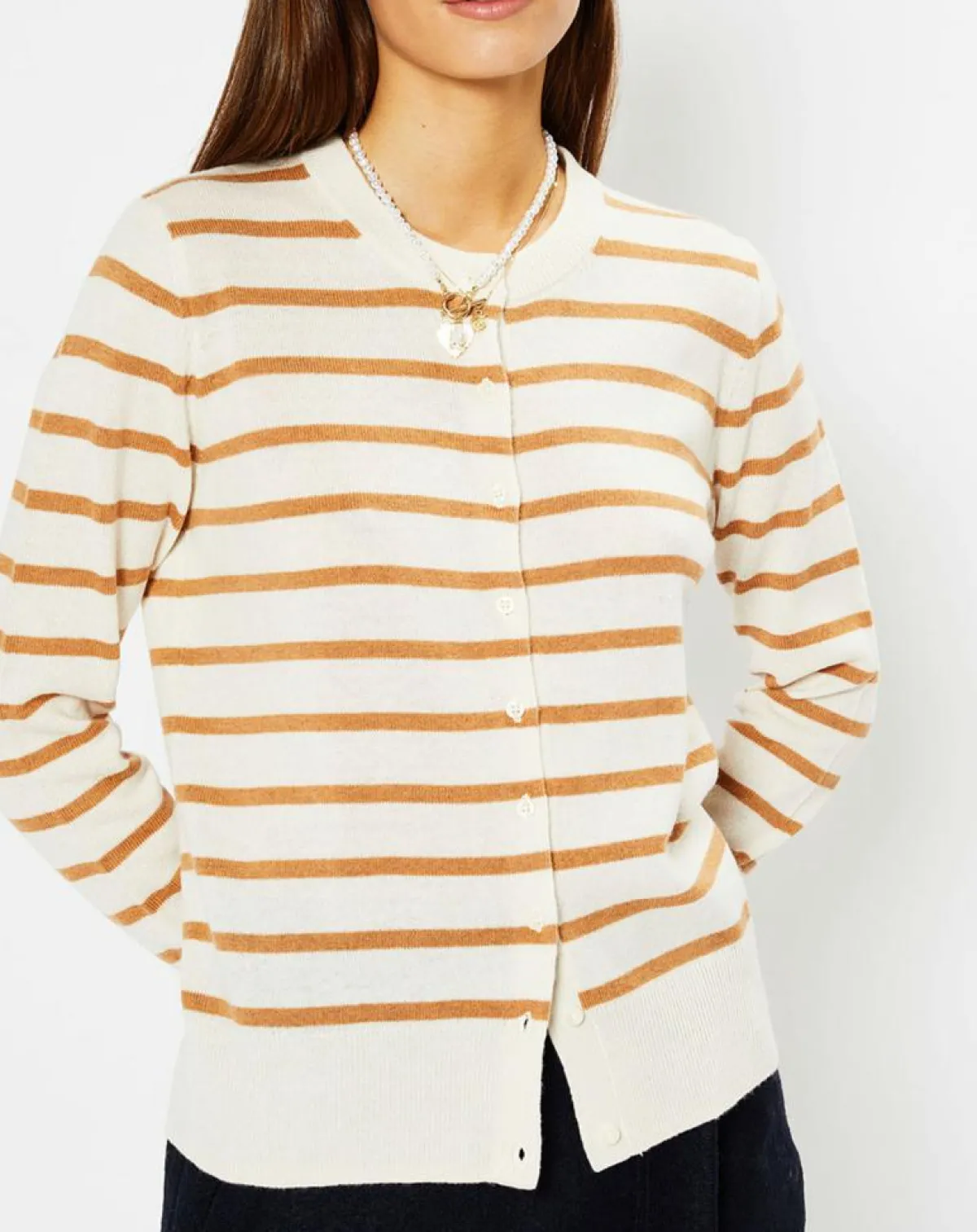 Galeries Lafayette Gilets Et Cardigans|Cardigan en Laine & Cachemire Sacao rayé col rond beige/écru