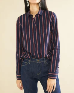Acquaverde Chemises|Chemise en Popeline Japonaise Kim rayée marine/rouge