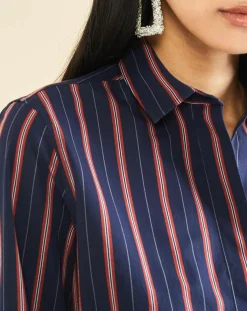 Acquaverde Chemises|Chemise en Popeline Japonaise Kim rayée marine/rouge