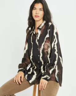 Lauren Vidal Chemises|Chemise satinée Plume imprimée café