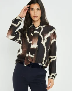 Lauren Vidal Chemises|Chemise satinée Plume imprimée café