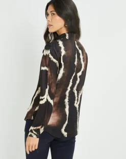 Lauren Vidal Chemises|Chemise satinée Plume imprimée café