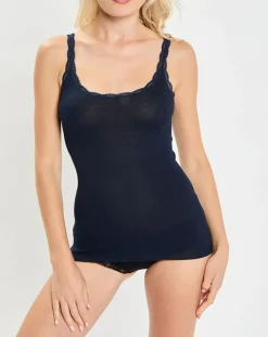 Mare Lingerie, Nuit|Débardeur bretelles fines contours dentelle bleu marine