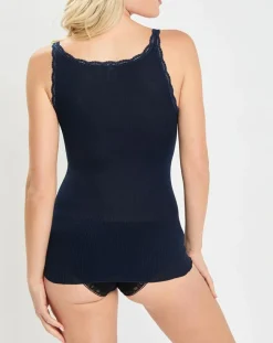 Mare Lingerie, Nuit|Débardeur bretelles fines contours dentelle bleu marine