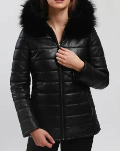 Blue Wellford Manteaux|Doudoune en Cuir Bleny noire