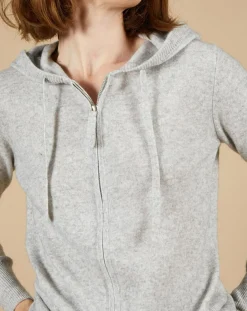 Cashmere Tribu Gilets Et Cardigans|Gilet à capuche 100% Cachemire Blanche gris chiné clair/jaune fluo