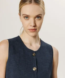 Rodier Gilets Et Cardigans|Gilet Maëva 100% laine sans manches milano bleu denim