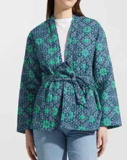 Garance Paris Vestes, Blousons|Kimono ceinturé Nougat imprimé bleu/vert