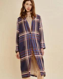 Chloé Stora Manteaux|Manteau léger satiné Greg à carreaux marine/beige