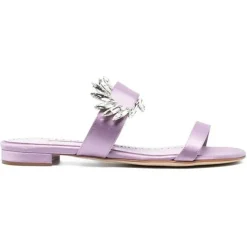 Manolo Blahnik Sandales Plates|Mules en Satin Chivela lilas