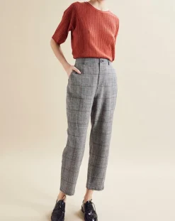 Chloé Stora Pantalons|Pantalon en Lin mélangé Porto pied-de-poule noir/écru