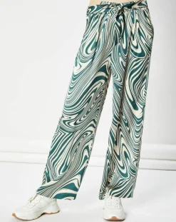 La Petite Etoile Pantalons|Pantalon fluide satiné Iwa psyché vert/beige