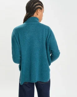 Cashmere Tribu Pulls|Poncho large 100% Cachemire col roulé Lola heathered teal