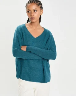 Cashmere Tribu Pulls|Poncho large 100% Cachemire col V Emma heather teal