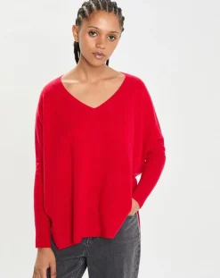 Cashmere Tribu Pulls|Poncho large 100% Cachemire col V Emma cerise