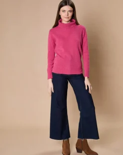 Oscar et Louise Pulls|Pull 100% Cachemire 4 fils Audrey col roulé fuchsia