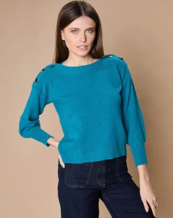 Oscar et Louise Pulls|Pull 100% Cachemire 4 fils Jane col bateau bleu paon