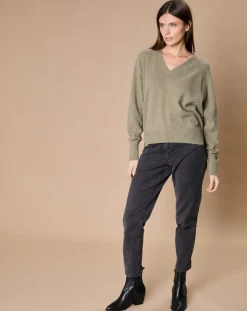Oscar et Louise Pulls|Pull 100% Cachemire 4 fils Romy col V profond kaki clair