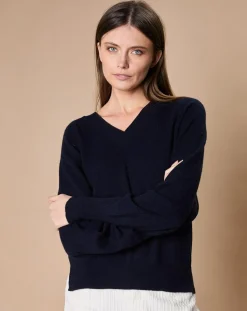 Oscar et Louise Pulls|Pull 100% Cachemire 4 fils Romy col V profond bleu marine