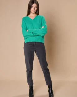 Oscar et Louise Pulls|Pull 100% Cachemire 4 fils Romy col V profond chlorophylle