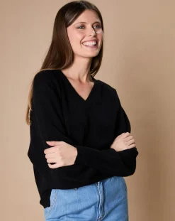 Oscar et Louise Pulls|Pull 100% Cachemire 4 fils Romy col V profond noir
