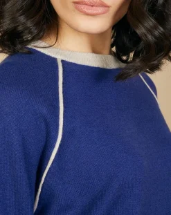 Cashmere Tribu Pulls|Pull 100% Cachemire Bertha col rond manches raglan bicolore nautique/greige