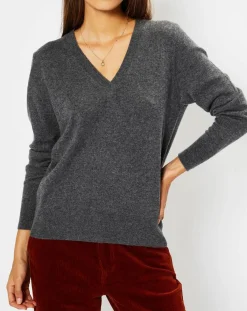 Galeries Lafayette Pulls|Pull 100% Cachemire Chou col V gris foncé