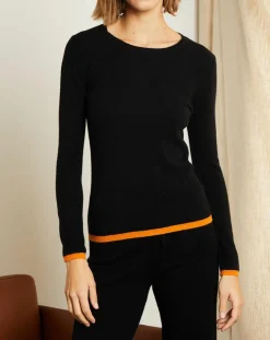 Miss Cashmere Pulls|Pull 100% Cachemire col rond bicolore noir/orange