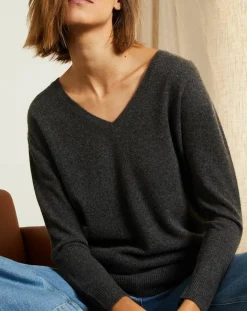 Miss Cashmere Pulls|Pull 100% Cachemire col V profond gris chiné foncé