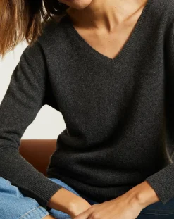 Miss Cashmere Pulls|Pull 100% Cachemire col V profond gris chiné foncé