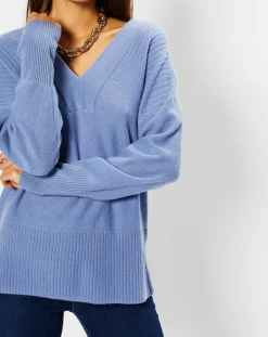 Galeries Lafayette Pulls|Pull 100% Cachemire Frani col V bleu lavande