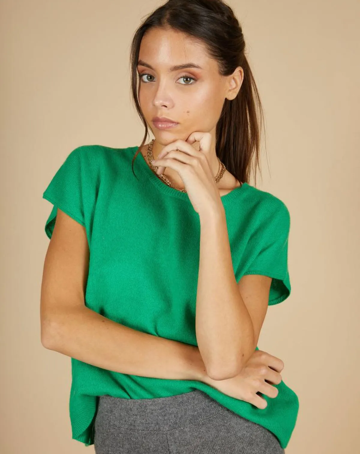 Cashmere Tribu Pulls|Pull 100% Cachemire Laurène manches courtes émeraude