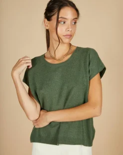 Cashmere Tribu Pulls|Pull 100% Cachemire Laurène manches courtes kaki