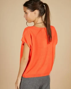Cashmere Tribu Pulls|Pull 100% Cachemire Laurène manches courtes corail fluo