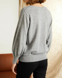Miss Cashmere Pulls|Pull 100% Cachemire Manches Ballon Angelina Col rond gris chiné clair