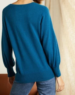 Miss Cashmere Pulls|Pull 100% Cachemire Manches Ballon Angelina Col rond pétrole