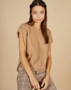 Cashmere Tribu Pulls|Pull 100% Cachemire manches courtes Charline boutons au dos camel