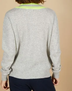 Cashmere Tribu Pulls|Pull 100% Cachemire Marley col V à bandes gris chiné clair/jaune fluo