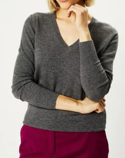 Galeries Lafayette Pulls|Pull 100% Cachemire Nocon col V gris foncé